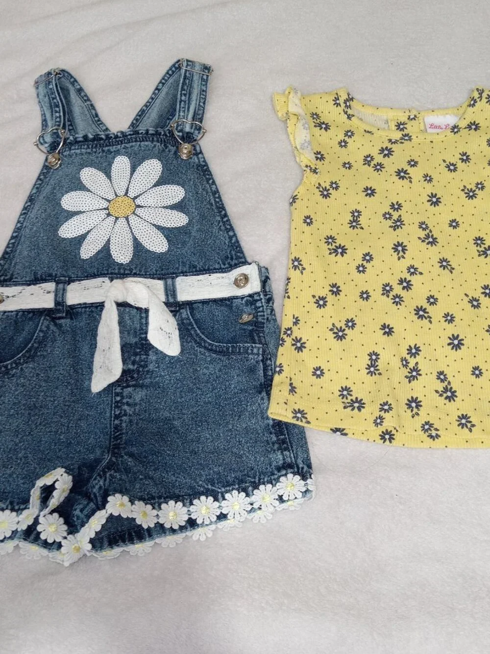 Little Lass Girls Daisy Denim Overall Shorts Set Yellow Top Size 6 - Picture 6 of 12